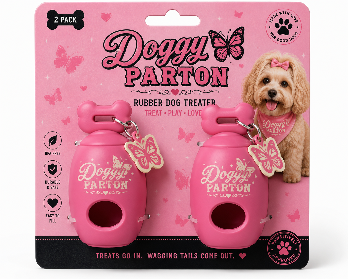 Doggy Parton Pink Butterfly Logo Rubber Dog Treater (2 Pack)